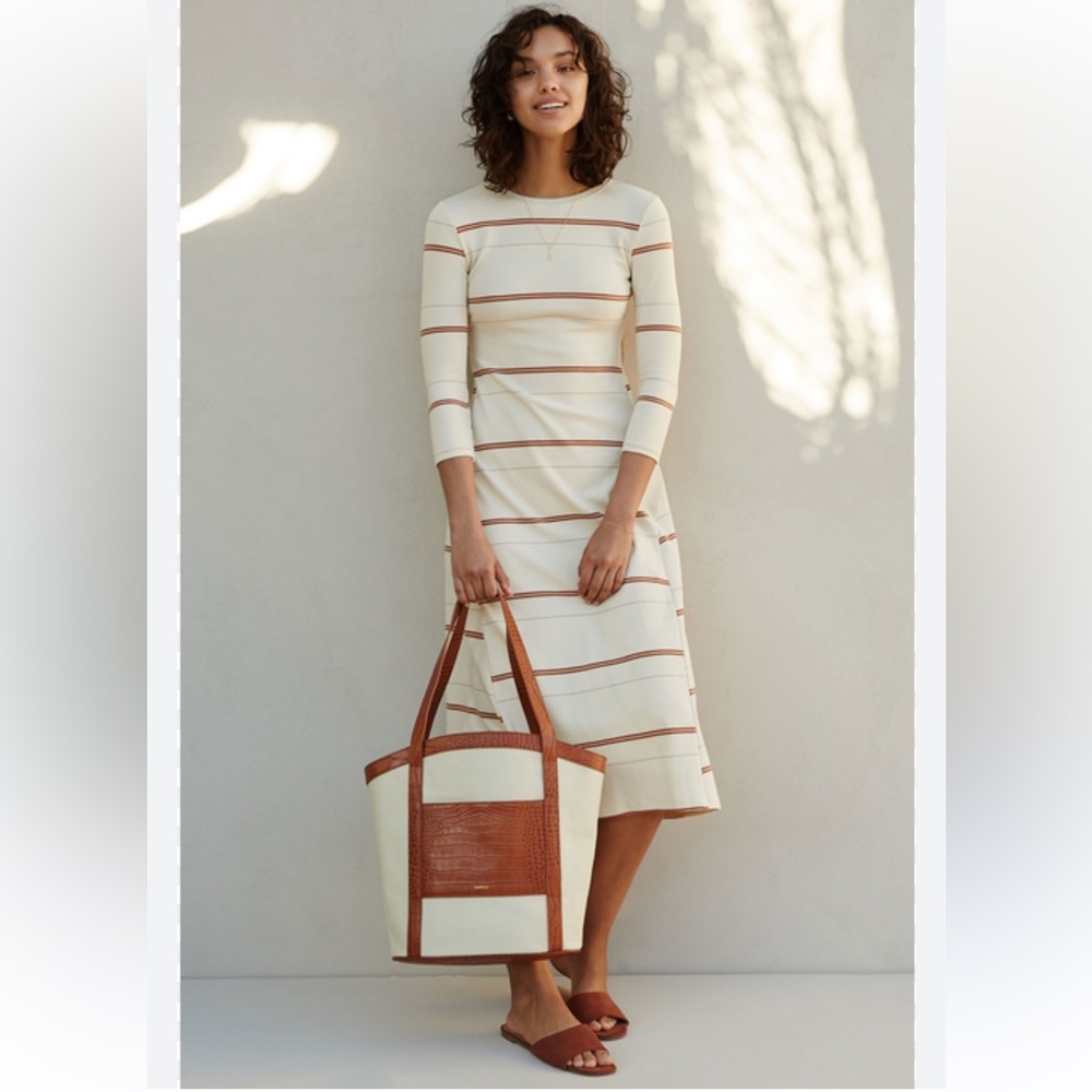Striped Cream and Brown Midi Dress
